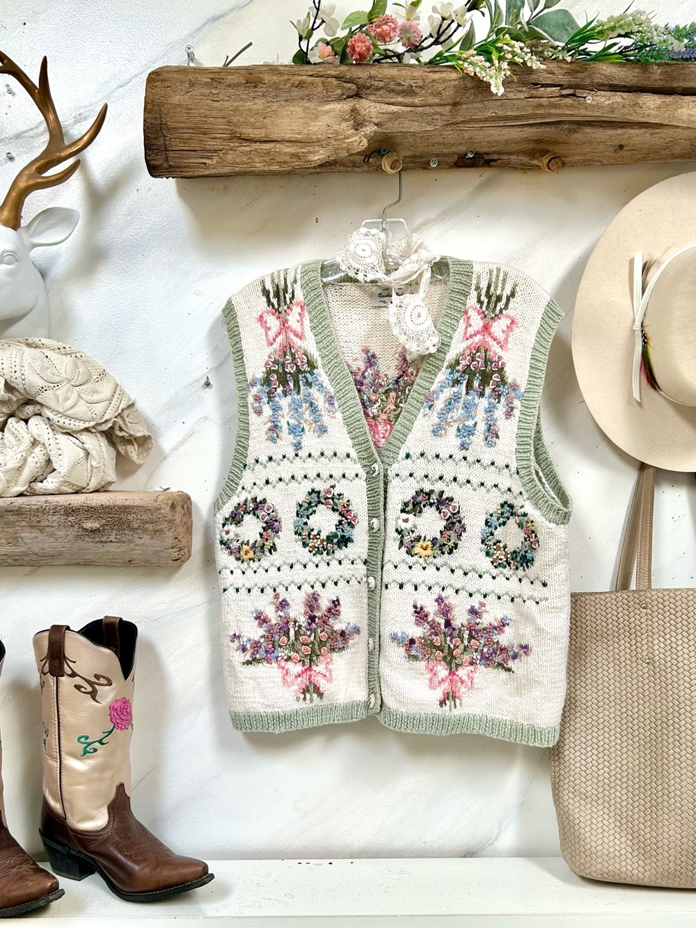 Artisan embroidered Floral Knit prairie Vest Sweater w cottagecore gardenia vibe